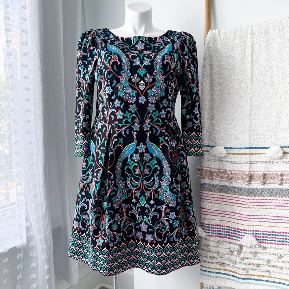 Boden Marie Ponte Black Blue Pink Printed 3/4 Sleeves Fit Flare Dress Size 14 R